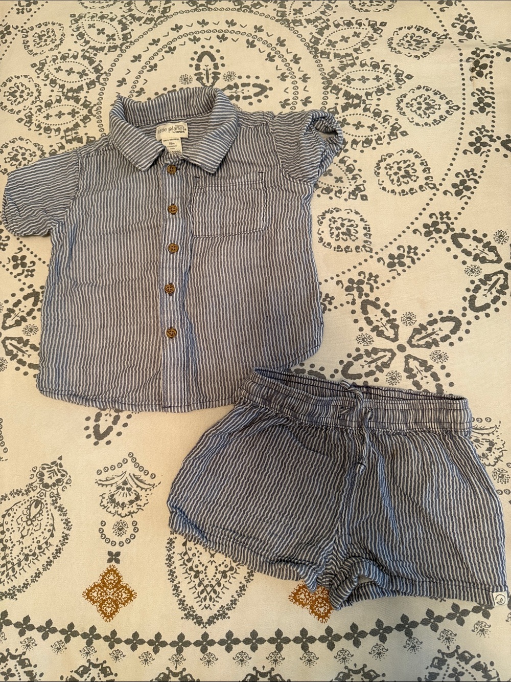 Blue + White Striped Cotton Button-Up Shirt & Shorts Set - Picture 3 of 8